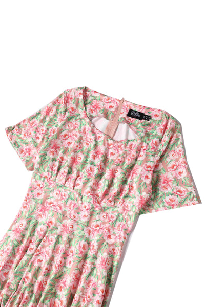 Close up View of Floral Short Sleeved Dress in Pink