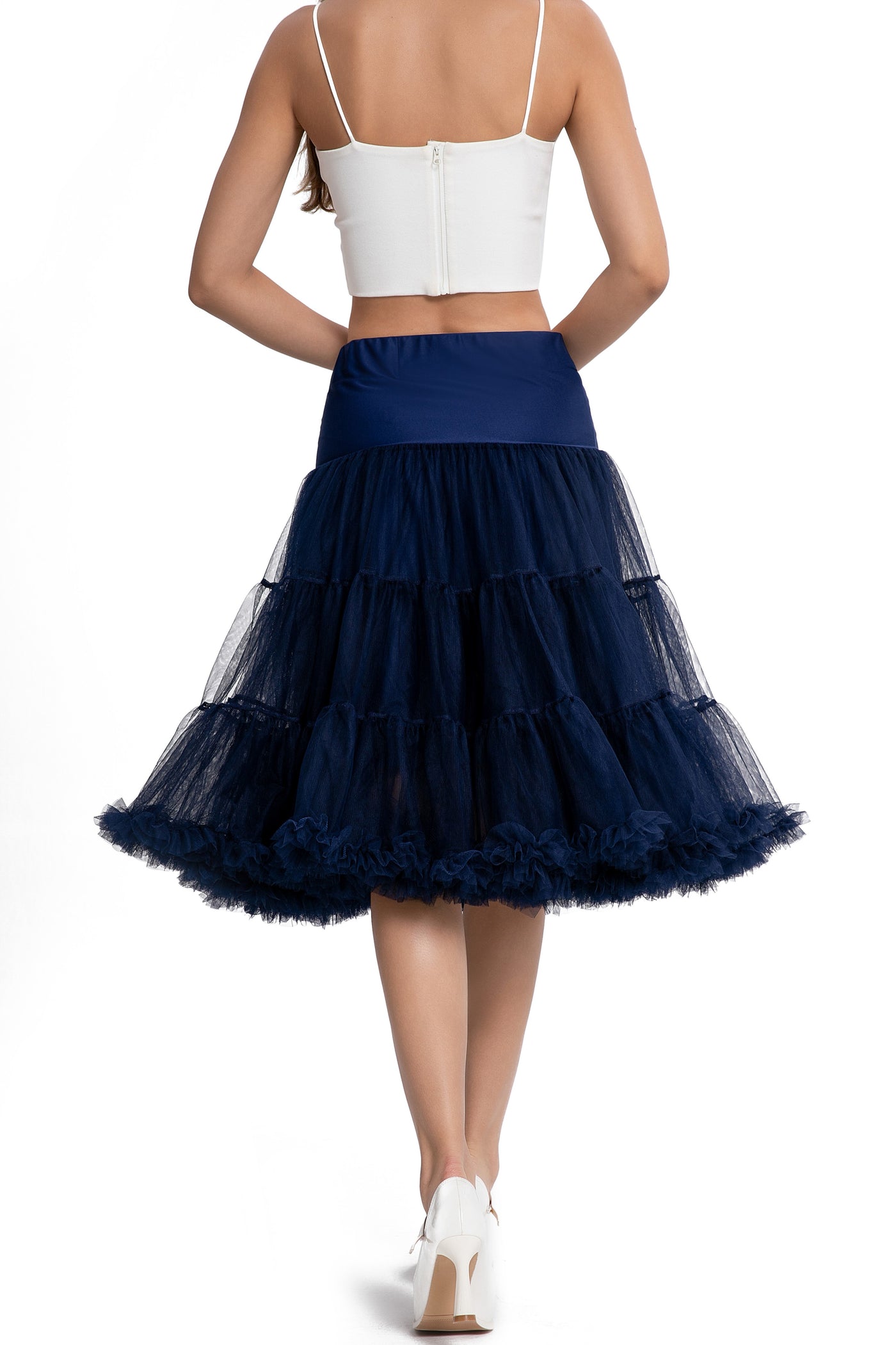 A model wearing a Fluffy Net Petticoat 25.5” In Navy Blue