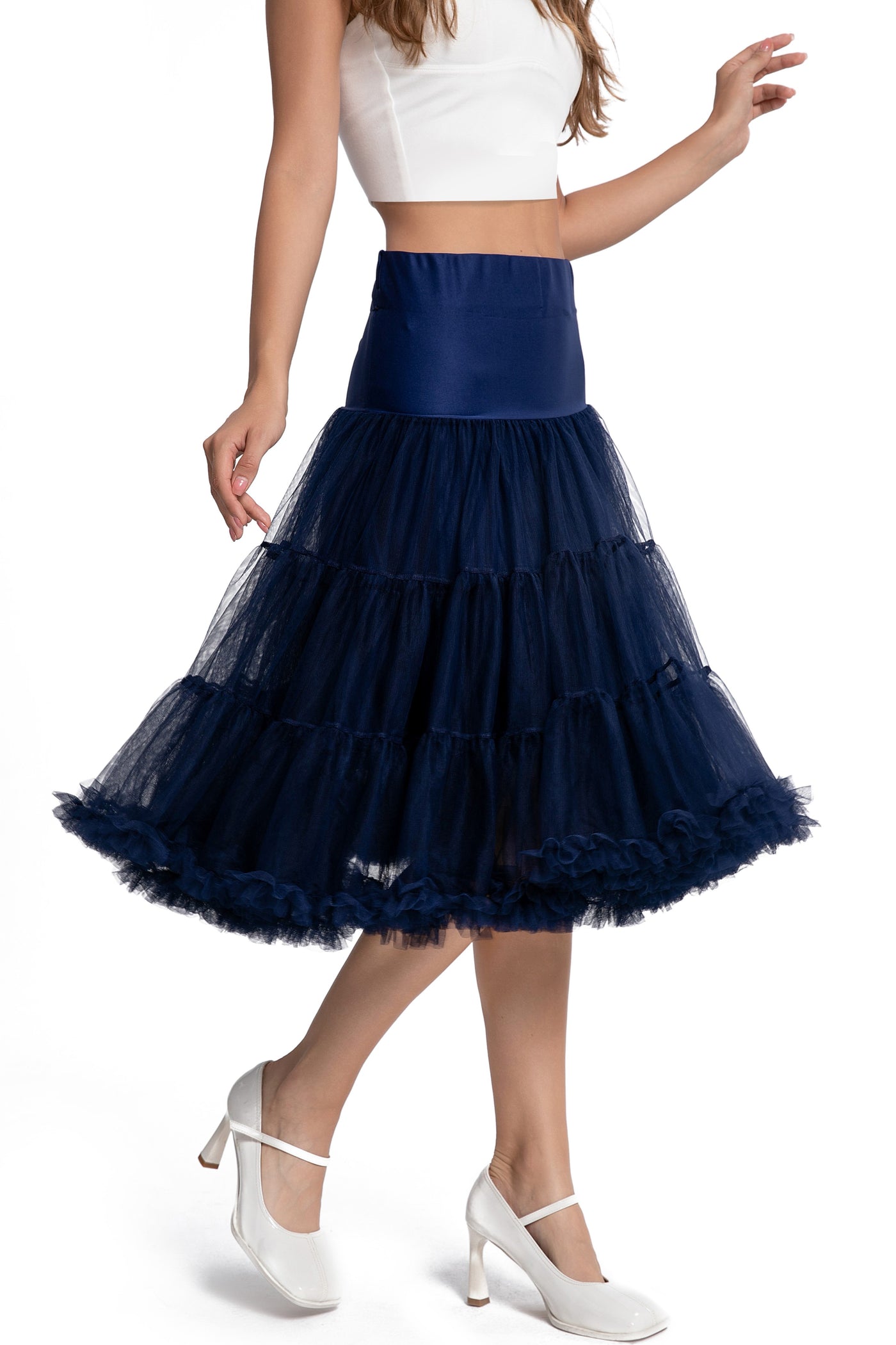 A model wearing a Fluffy Net Petticoat 25.5” In Navy Blue