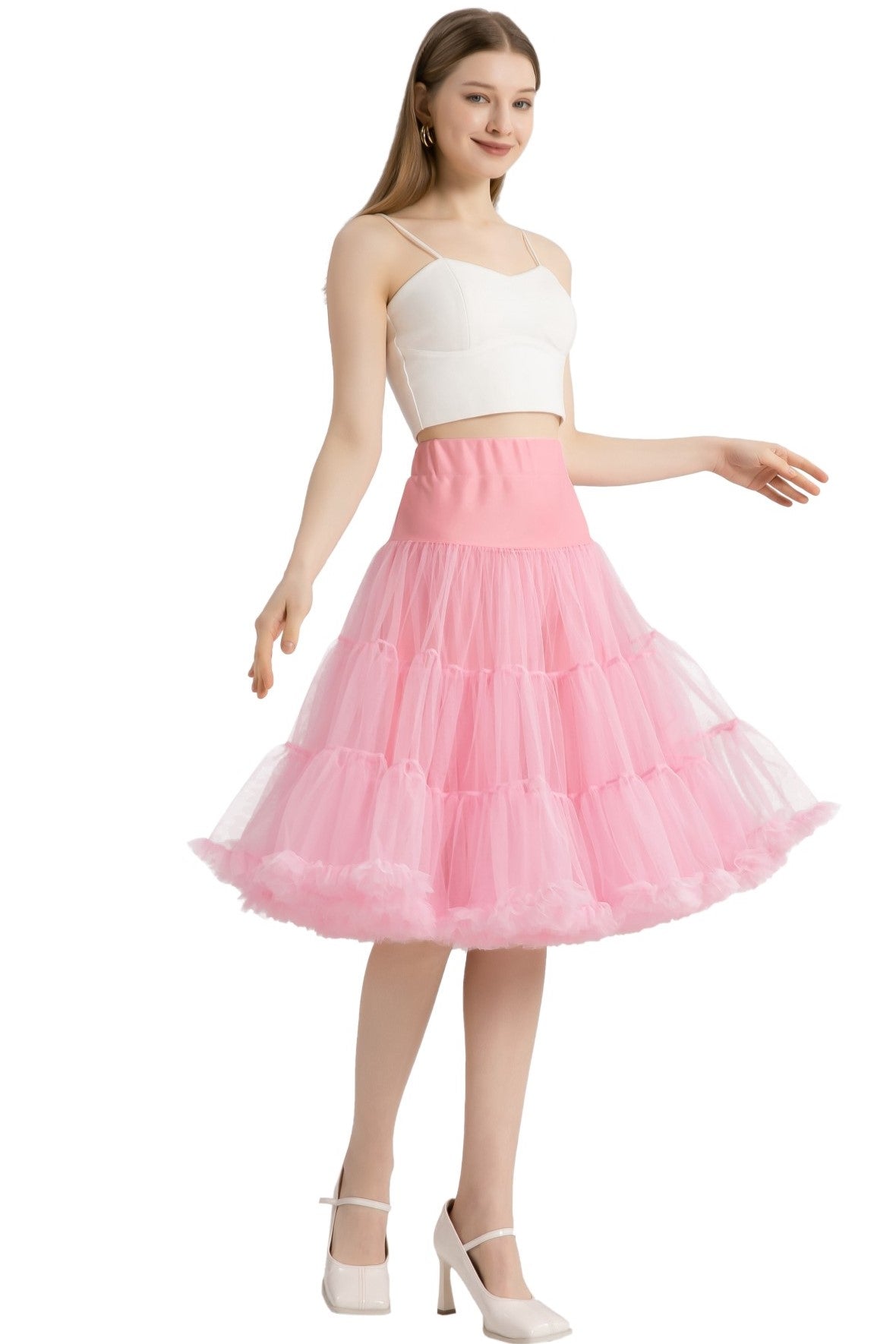 A model wearing a Fluffy Net Petticoat 25.5” In Pastel Pink