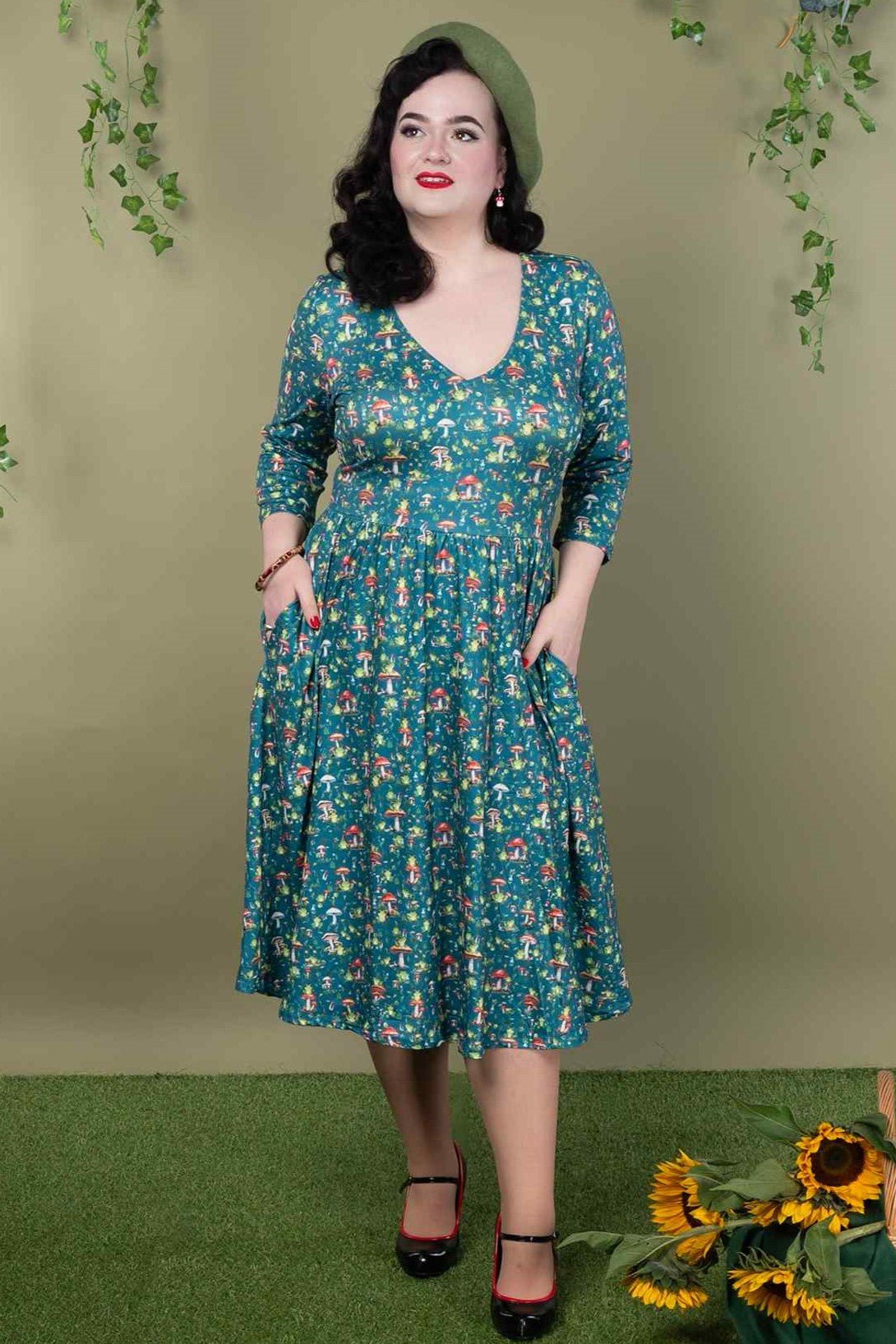 Billie Green Frog & Mushroom Print Dress