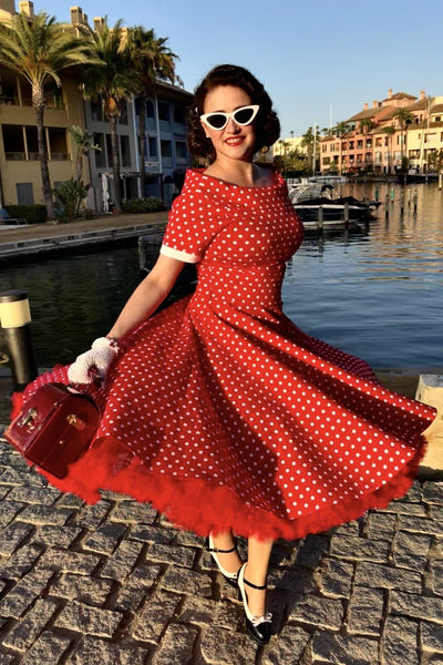 Model photo of Full Circle Red Polka Dot Swing Dress