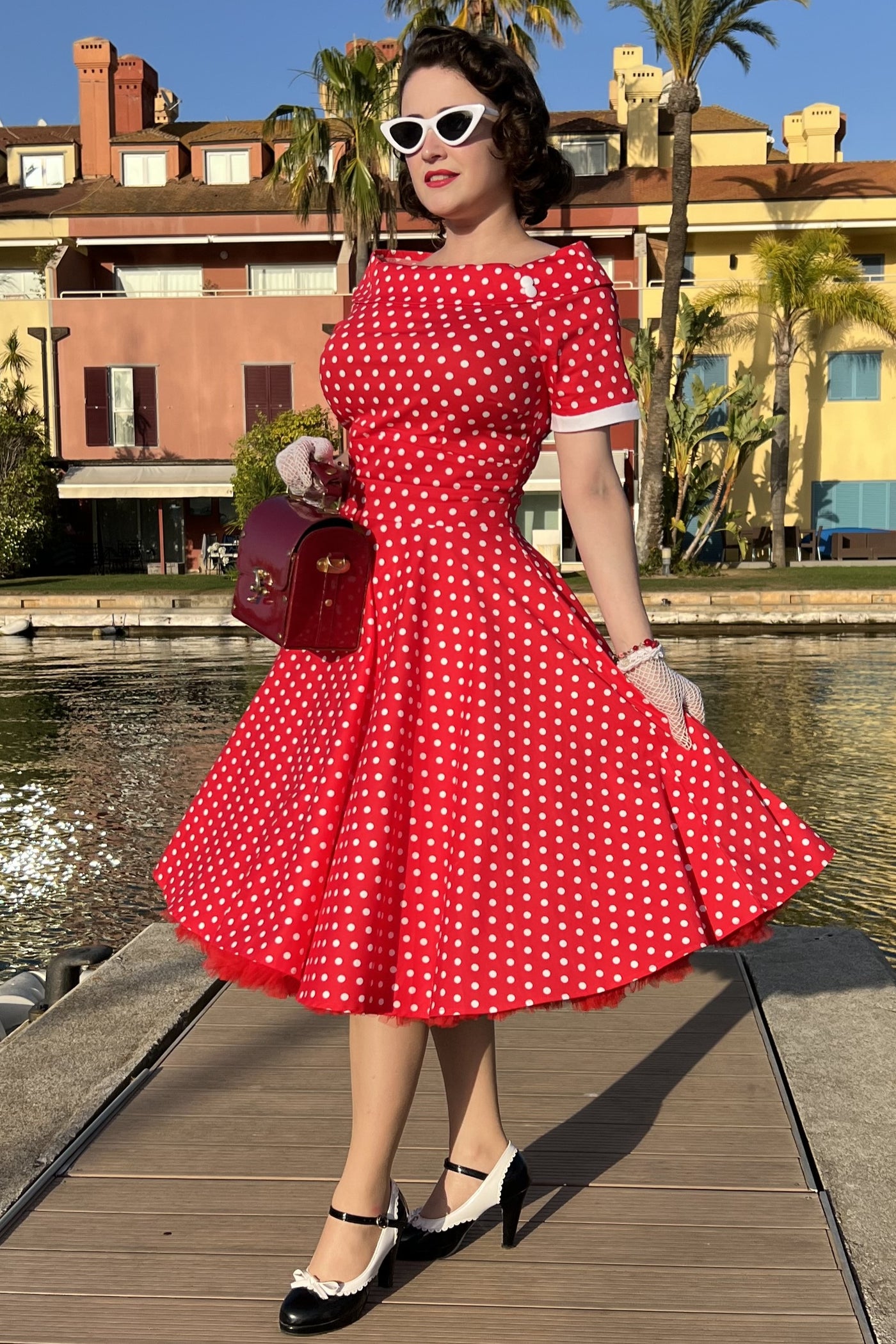 Model photo of Full Circle Red Polka Dot Swing Dress