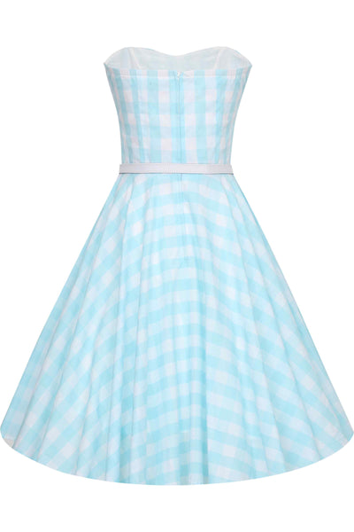 Close up View of Gingham Strapless Dress in Blue