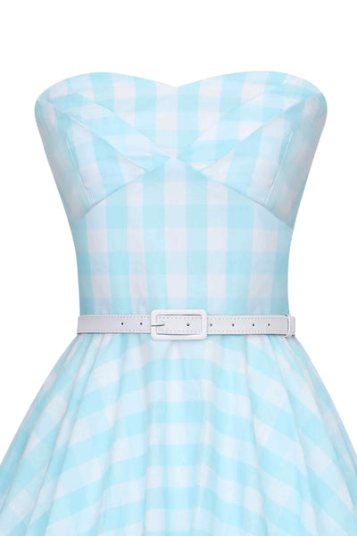 Back View of Gingham Strapless Dress in Blue