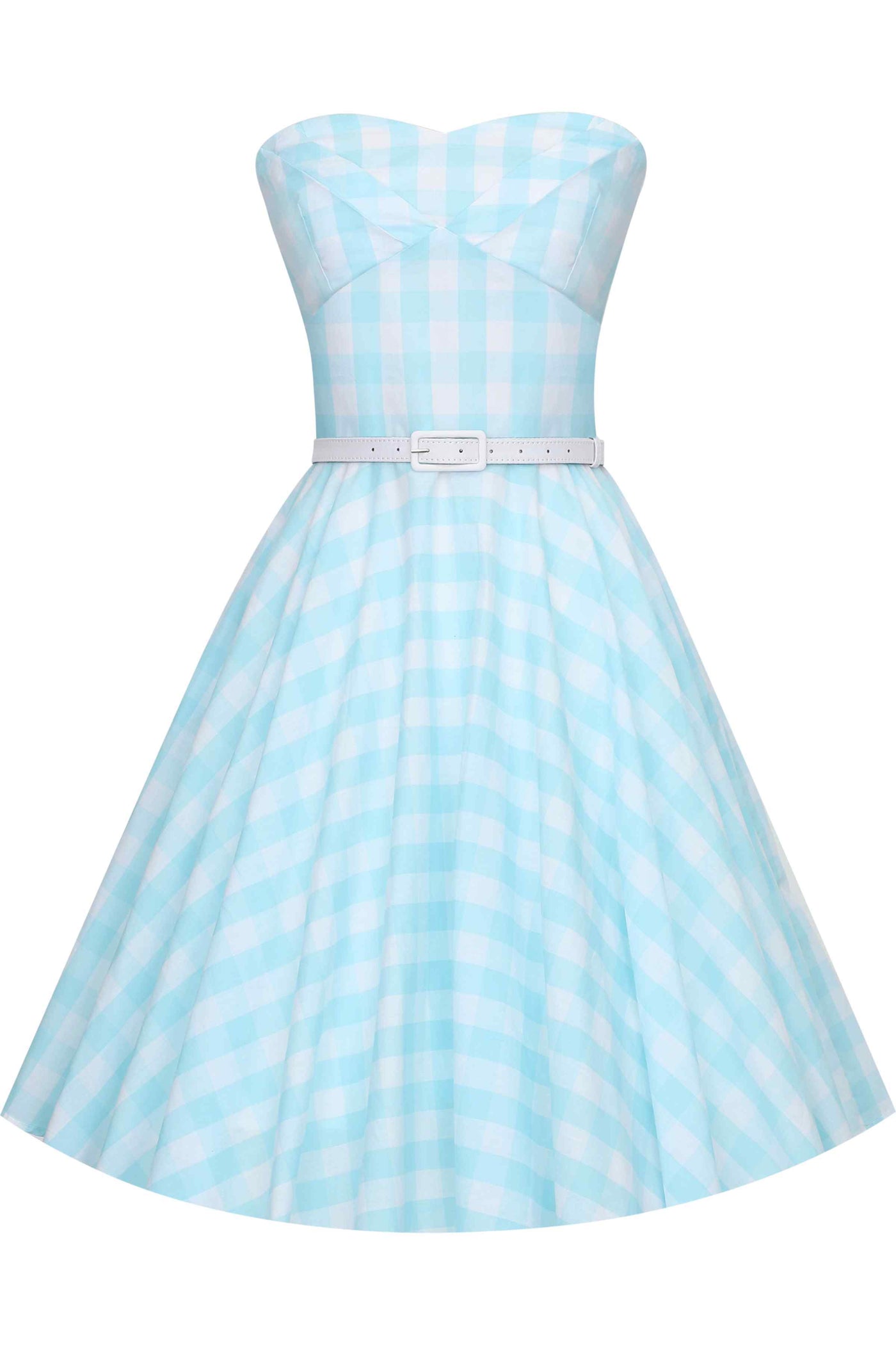 Front View of Gingham Strapless Dress in Blue