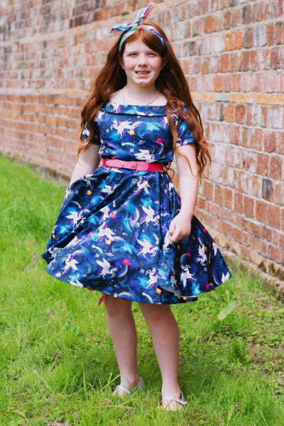 Girls Flared Dress in Unicorn Print