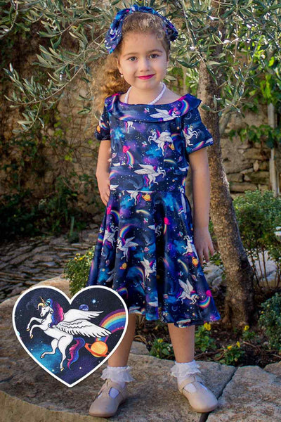 Girls Flared Dress in Unicorn Print