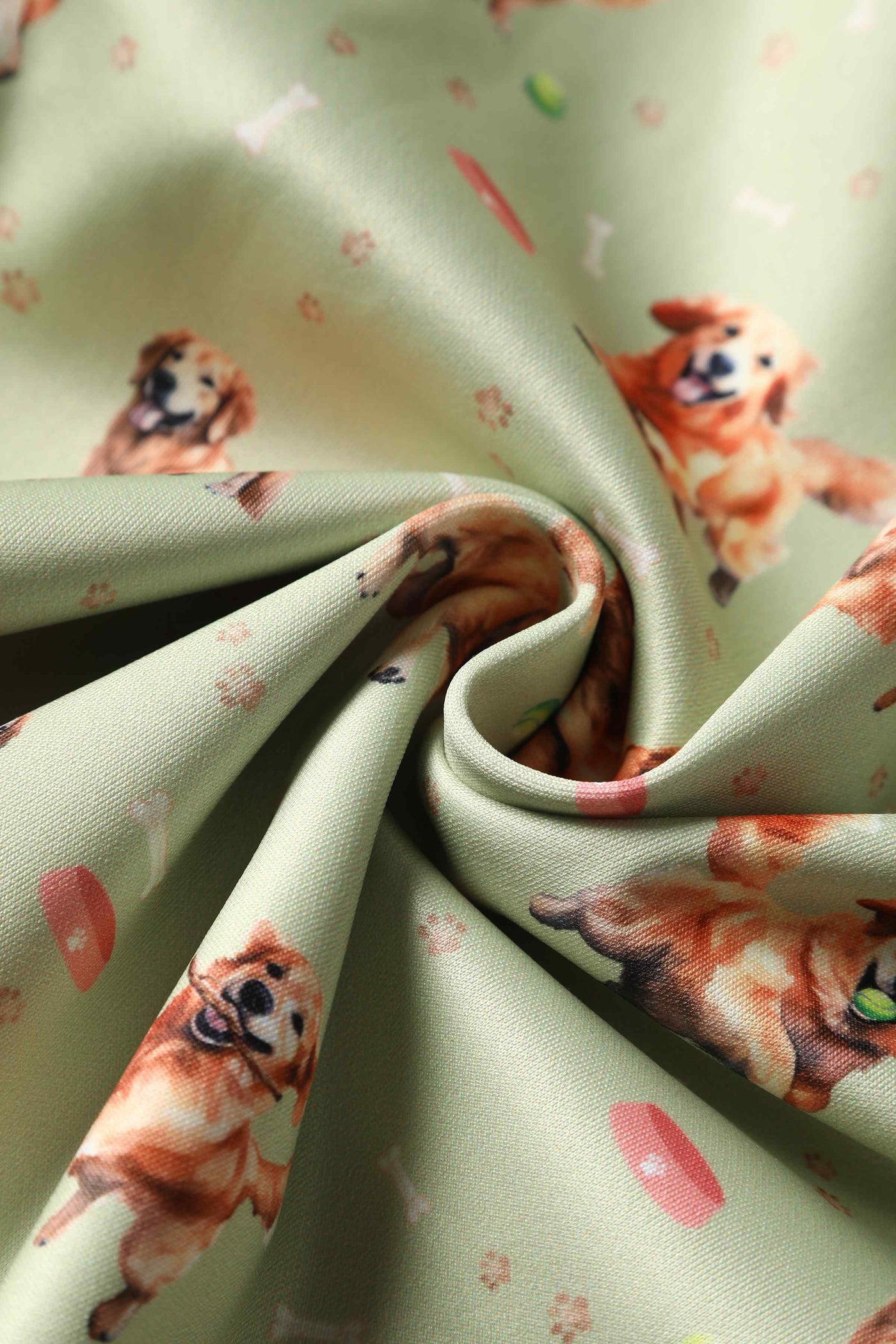 Close up View of Golden Retriever Flared Dress in Green