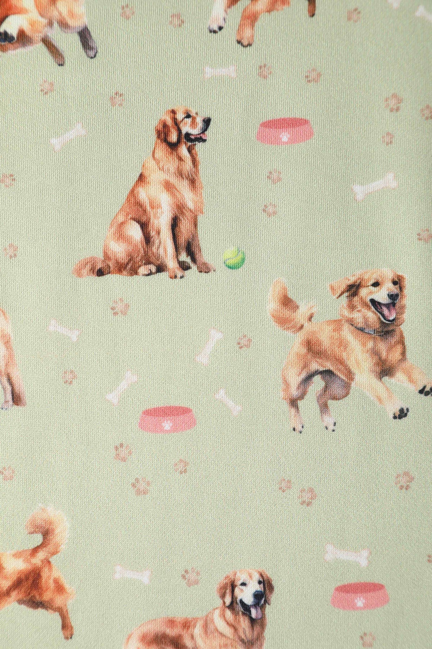 Close up View of Golden Retriever Flared Dress in Green