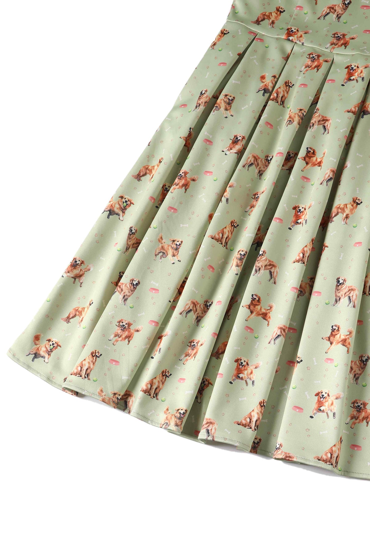 Close up View of Golden Retriever Flared Dress in Green