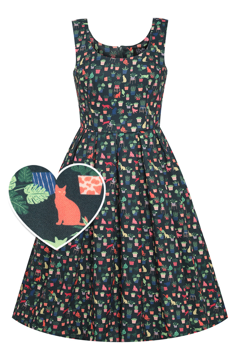 Front view of Green Cat & Plant Swing Dress