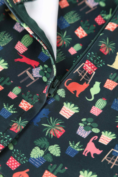 Close up of Green Cat & Plant Swing Dress