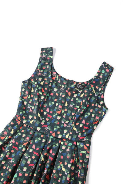 Close up of Green Cat & Plant Swing Dress