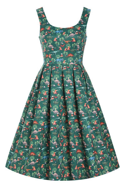 Front view of Green Dinosaur & Volcano Swing Dress