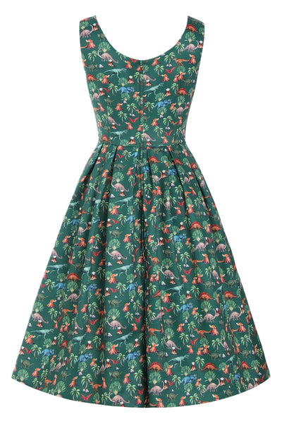 Back view of Green Dinosaur & Volcano Swing Dress