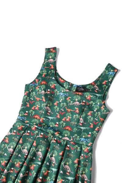 Close up view of Green Dinosaur & Volcano Swing Dress