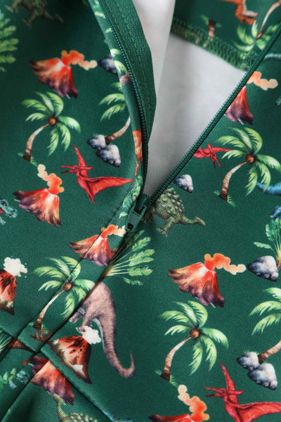 Close up view of Green Dinosaur & Volcano Swing Dress