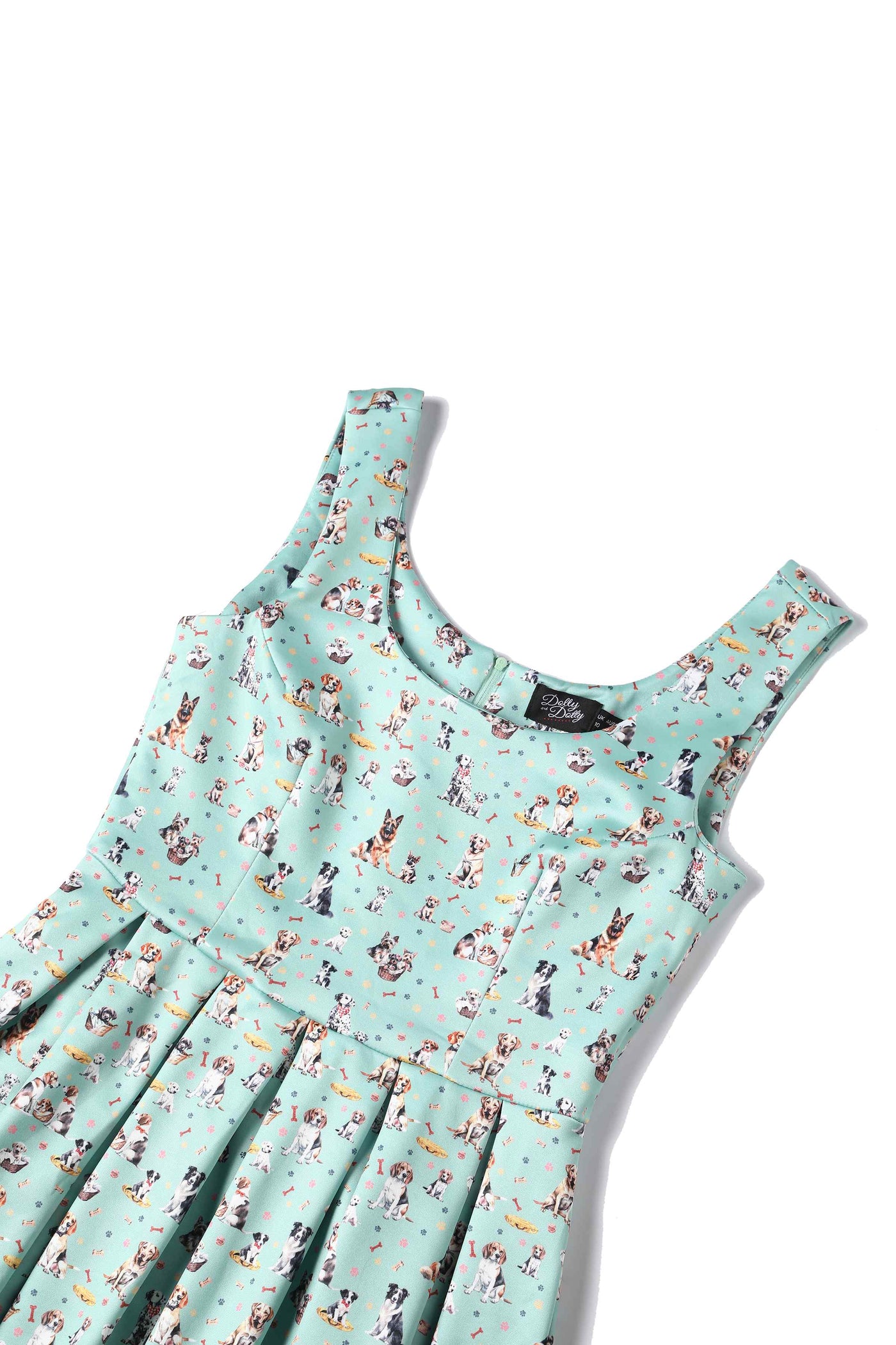 Close up view of Green Dog Swing Dress