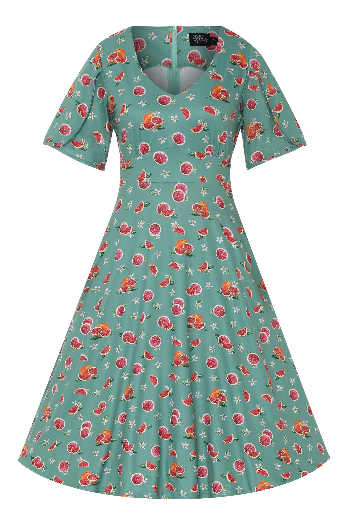 Front view of Green Grapefruit Petal Sleeved Tea Dress