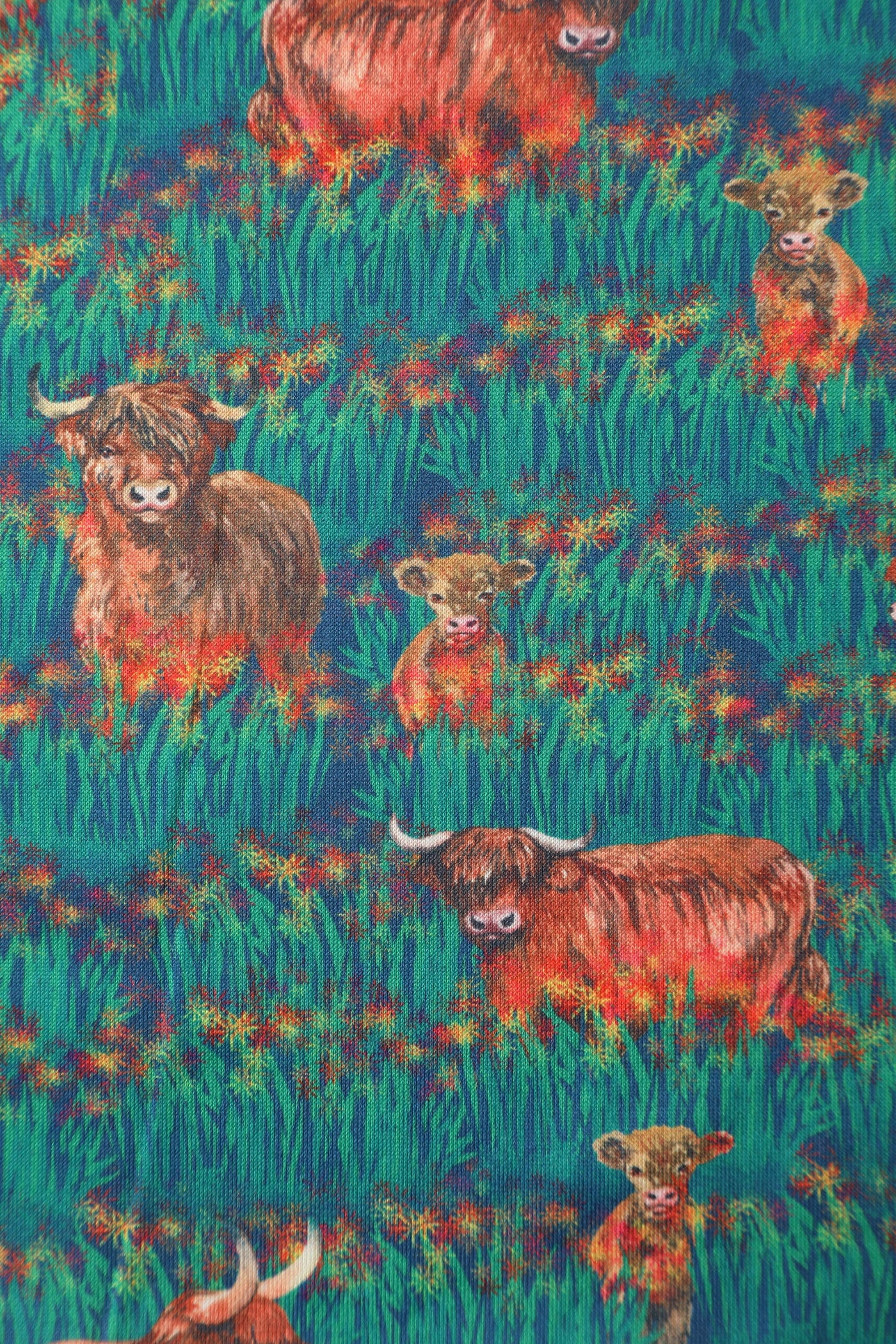 Close up view of Green Highland Cattle Swing Dress