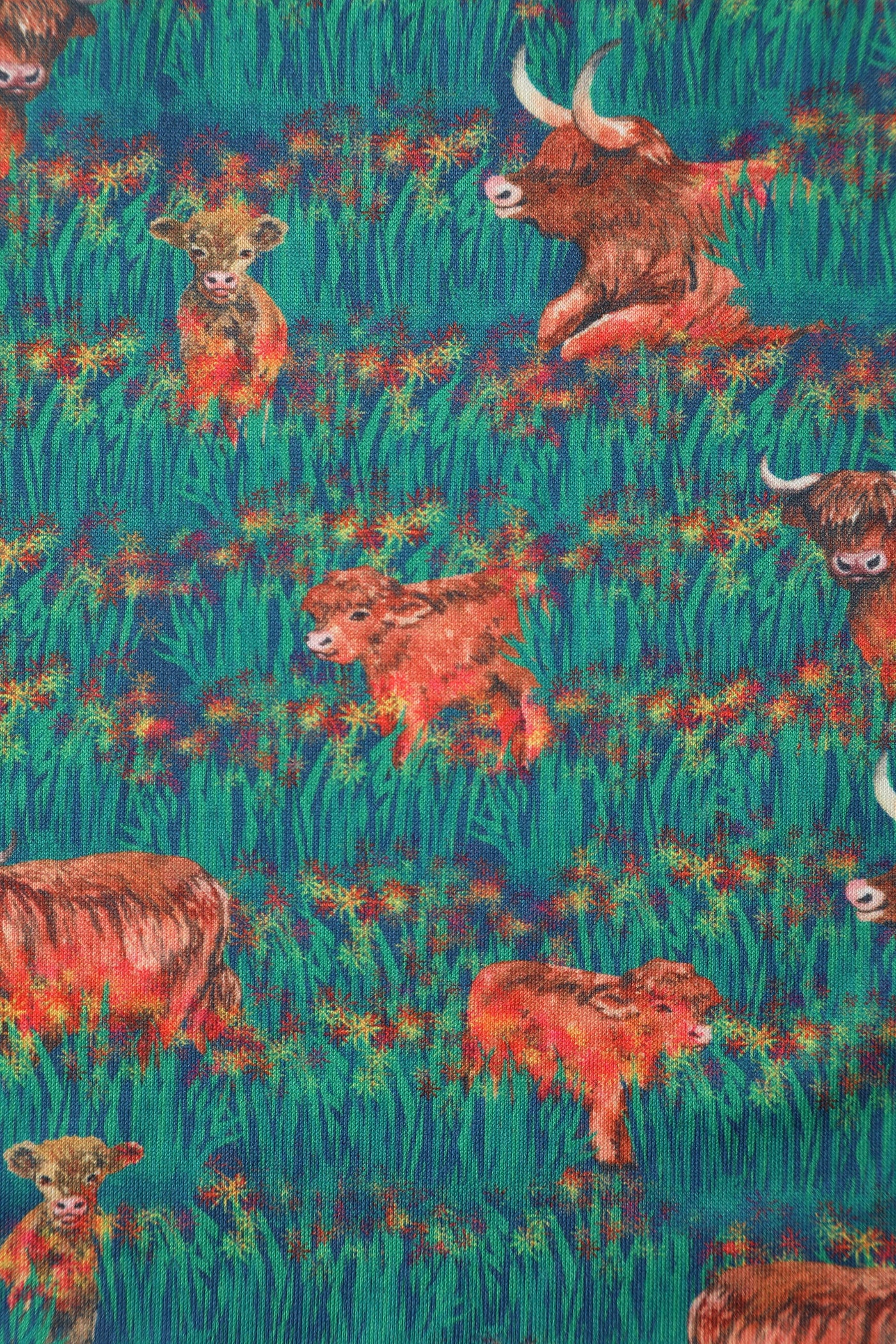 Close up view of Green Highland Cattle Swing Dress