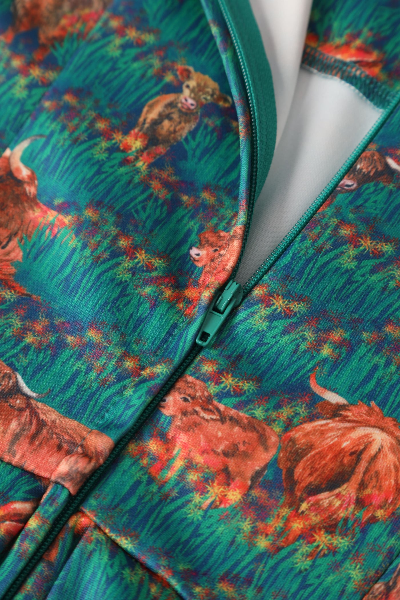 Close up view of Green Highland Cattle Swing Dress