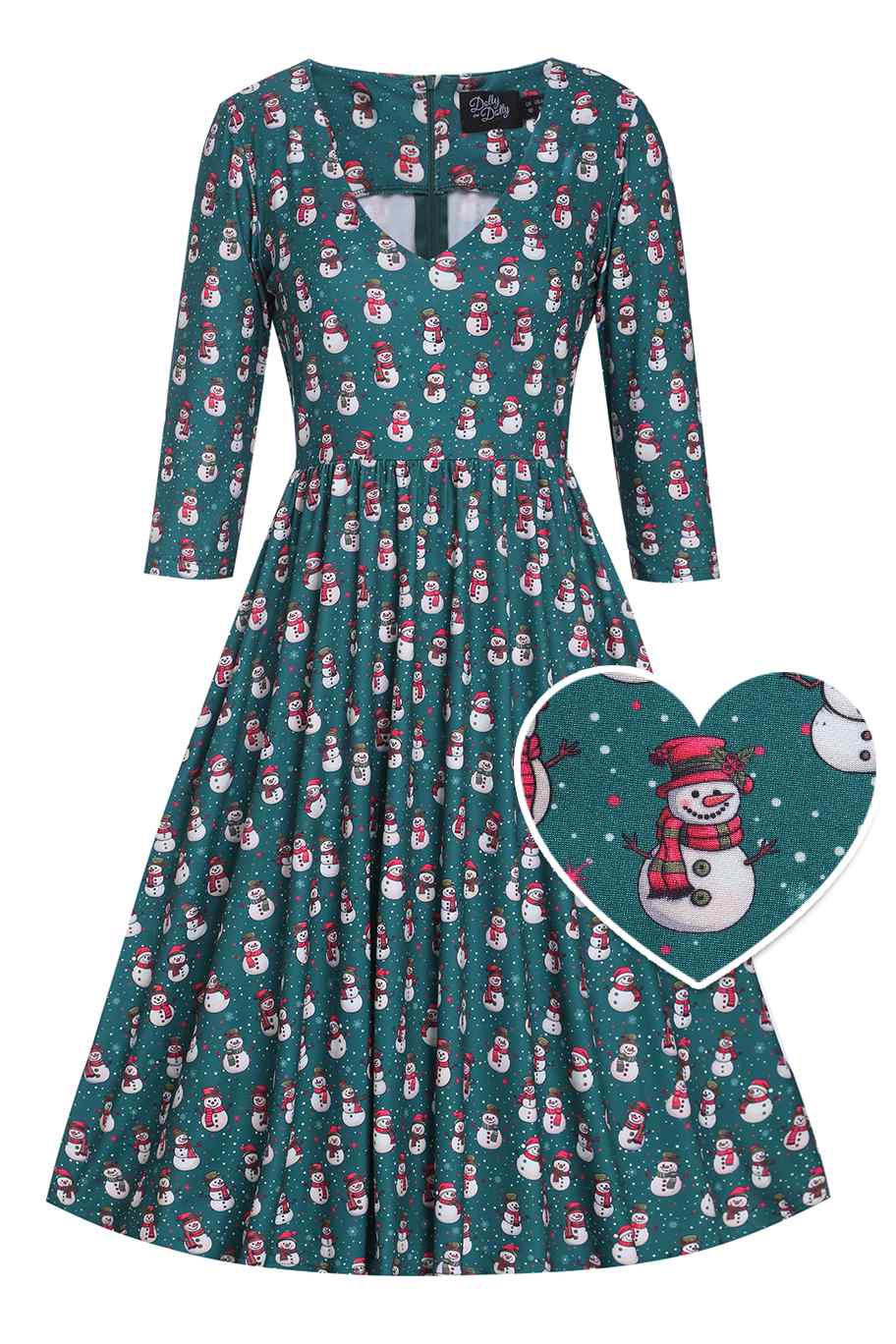 Front view of Green Snowman Flared Dress