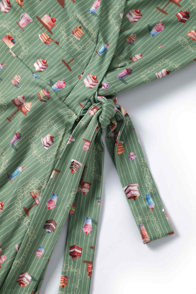 Close up view of Green Sweet Tooth Wrap Dress