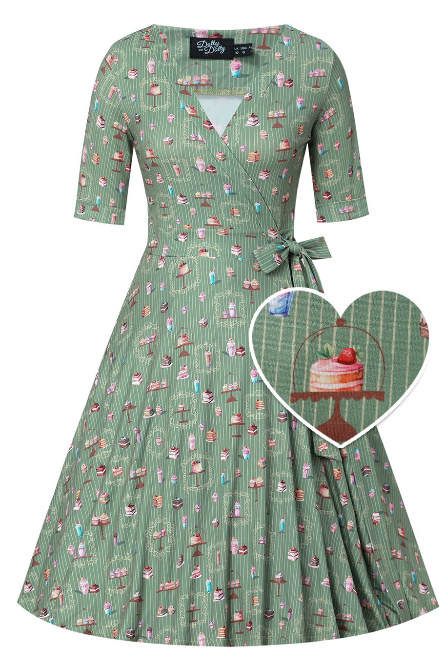 Front view of Green Sweet Tooth Wrap Dress