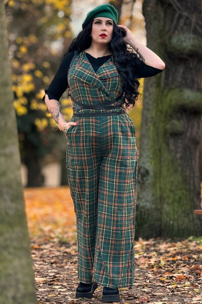 A model wearing a Green Tartan Jumpsuit