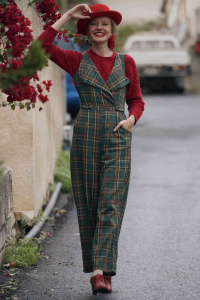 A model wearing a Green Tartan Jumpsuit