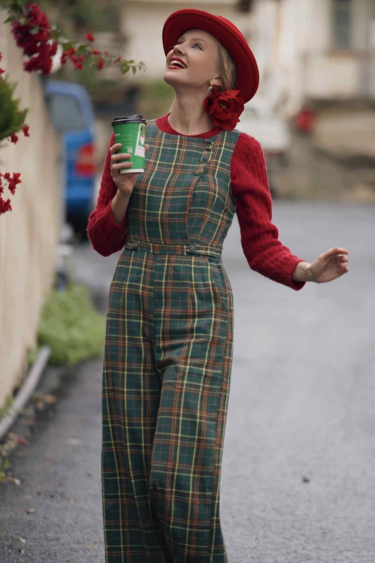 A model wearing a Green Tartan Jumpsuit