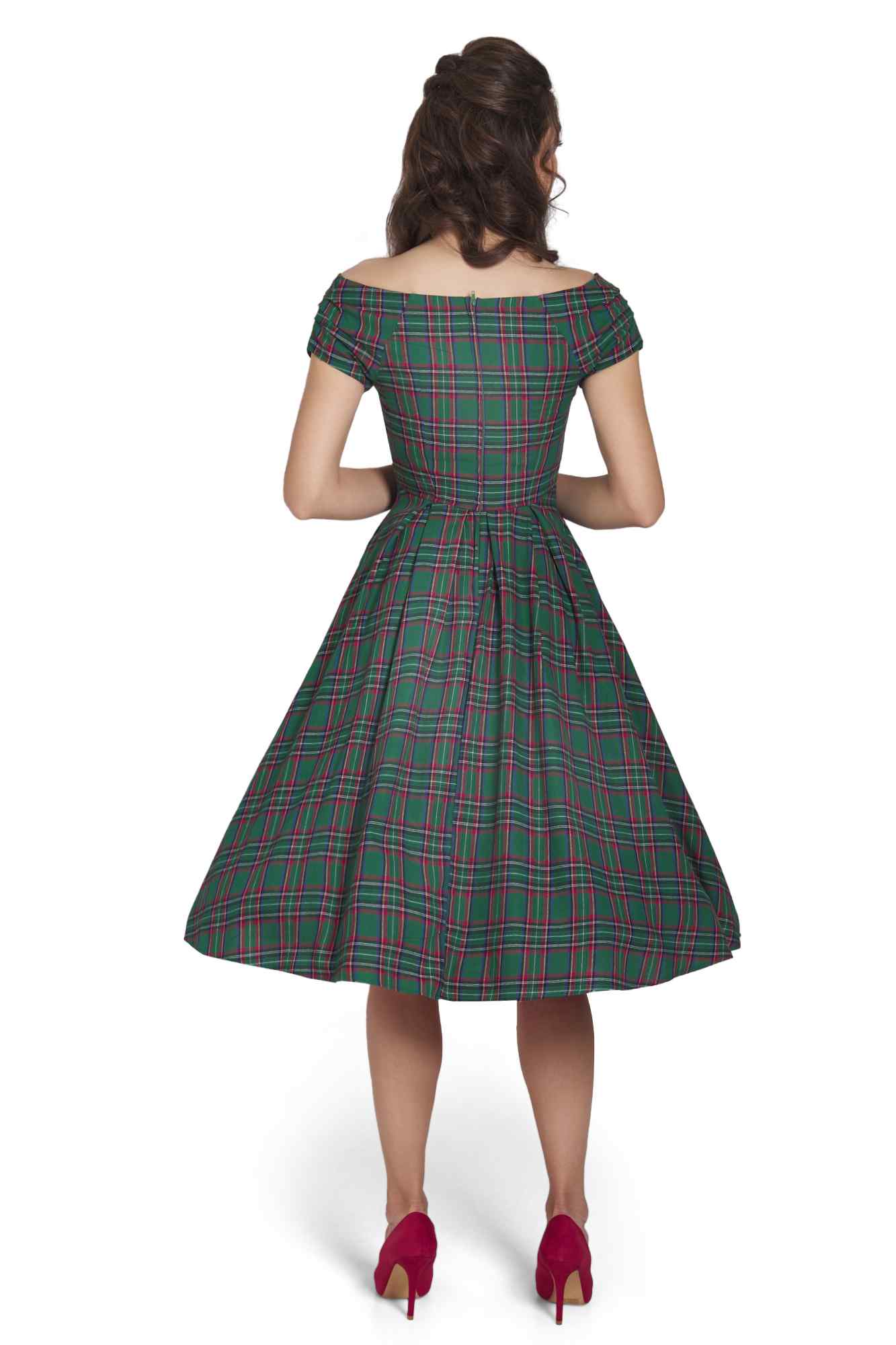 Model photo of Green Tartan Off Shoulder Swing Dress