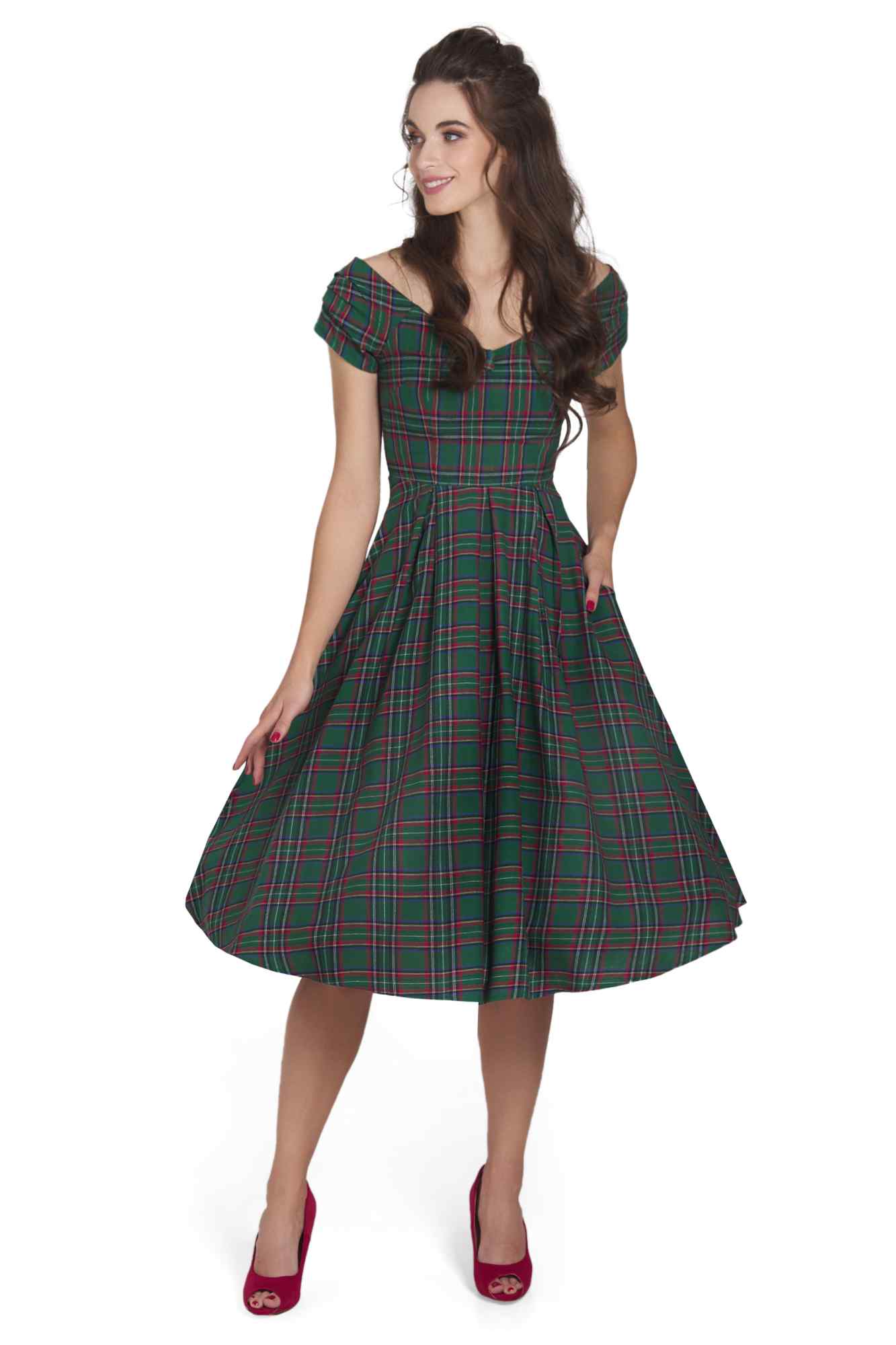 Model photo of Green Tartan Off Shoulder Swing Dress