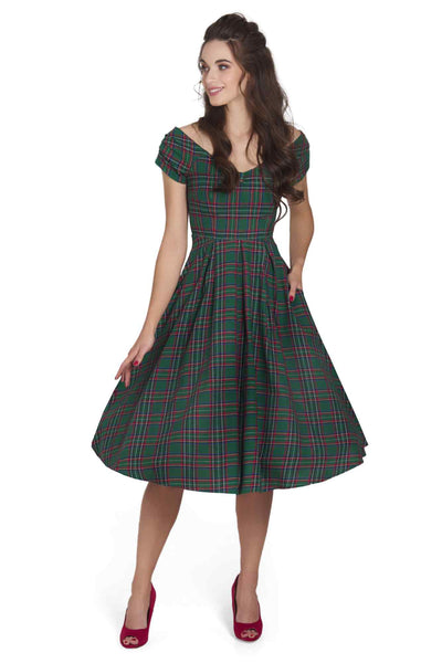 Model photo of Green Tartan Off Shoulder Swing Dress