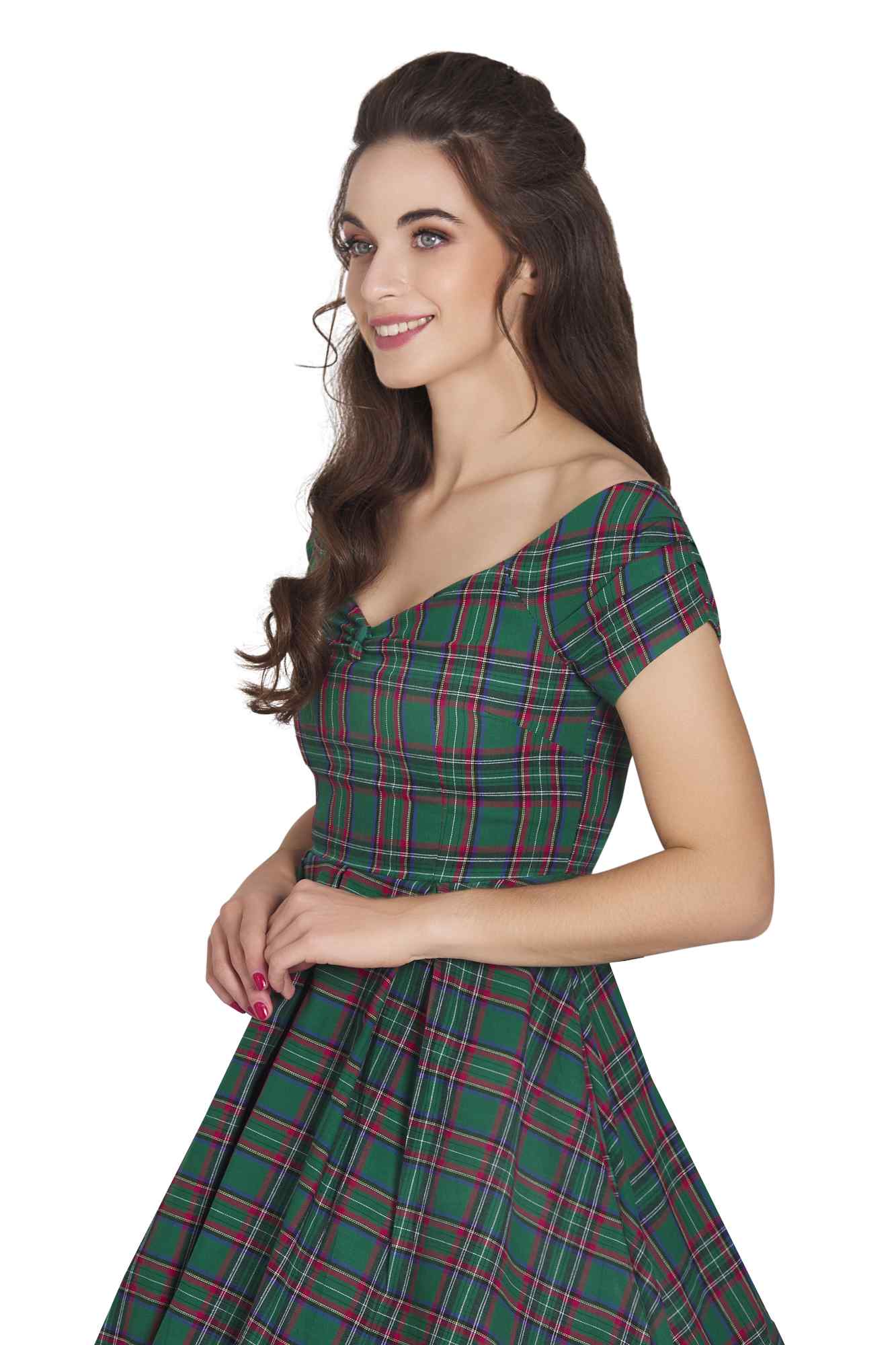 Model photo of Green Tartan Off Shoulder Swing Dress