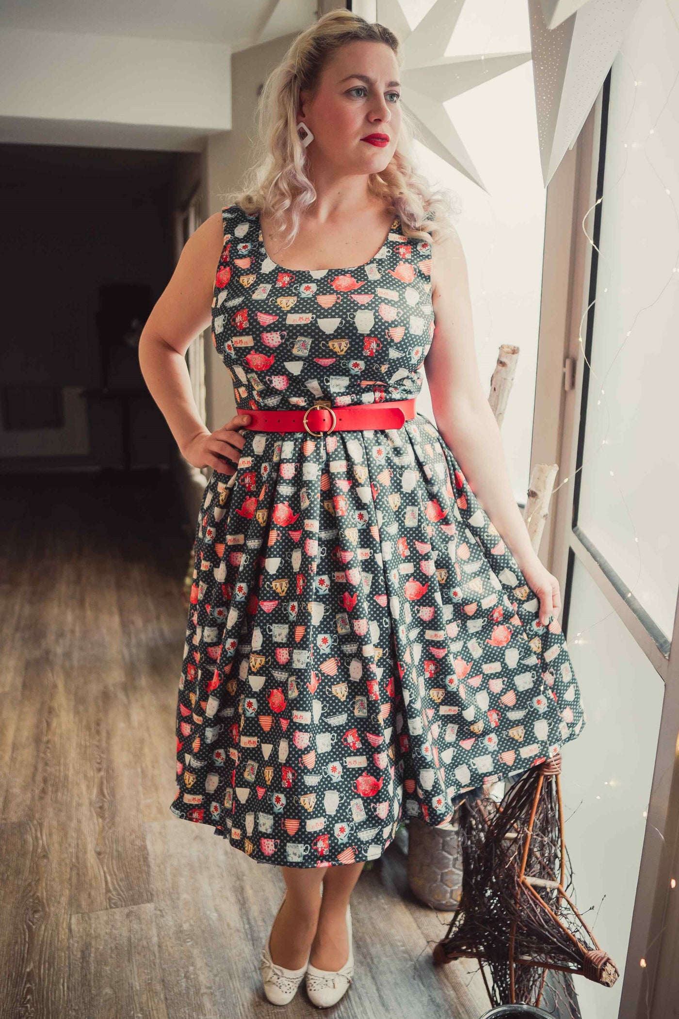 Green Teacup and Teapot Swing Dress