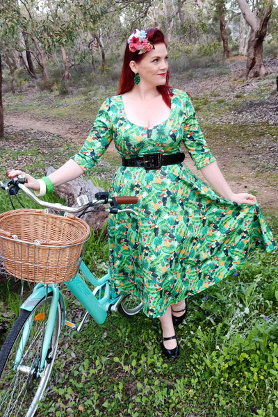 Model photo of Green Tropical Toucan Dress