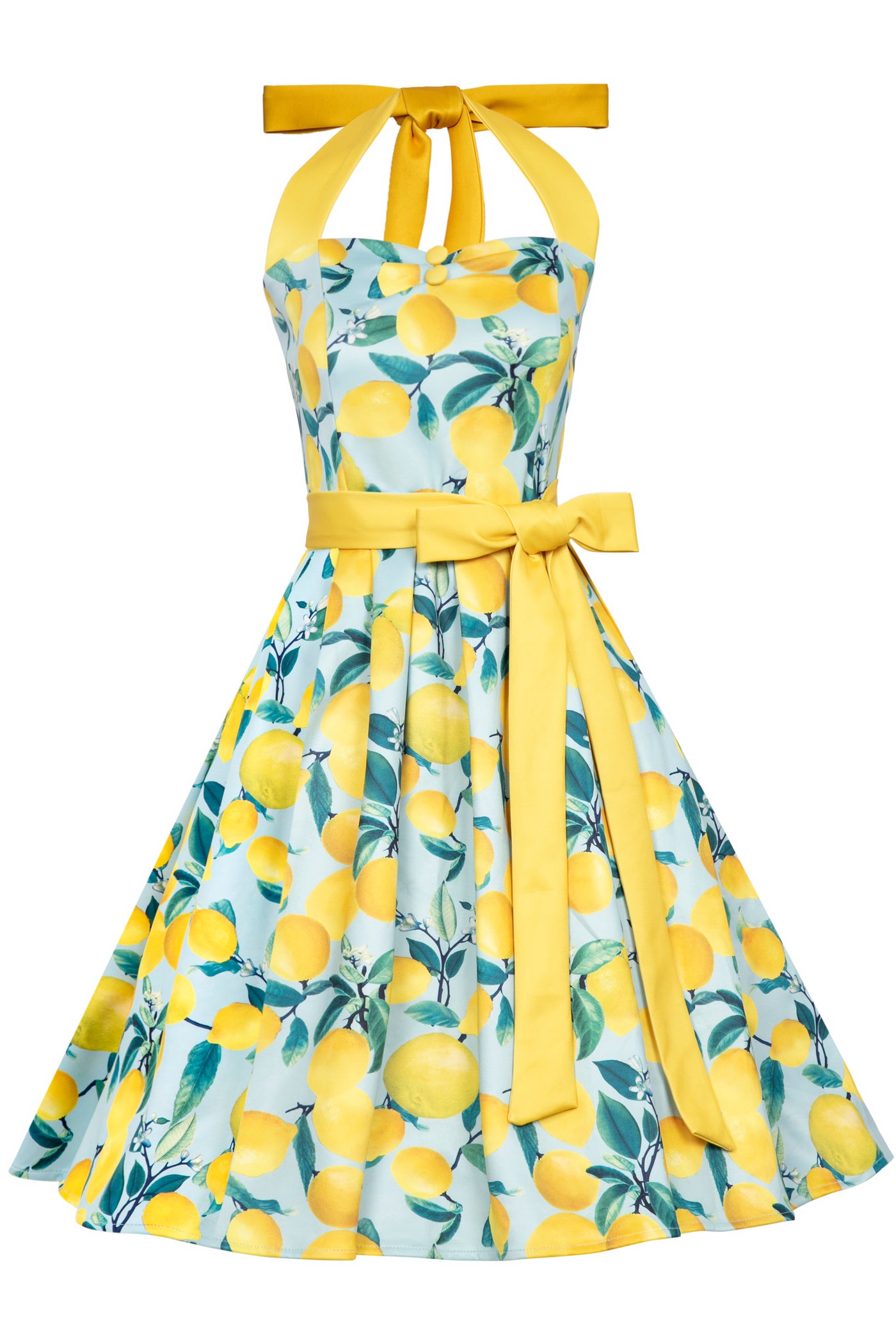 Front view Halter Neck Blue Lemon Swing Dress