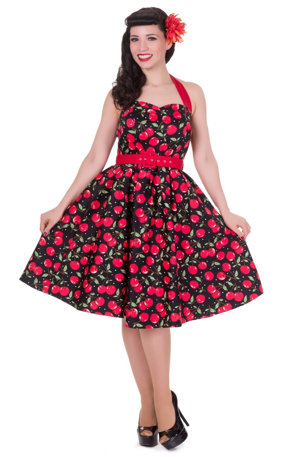 Front view of Halterneck Cherry Swing Dress