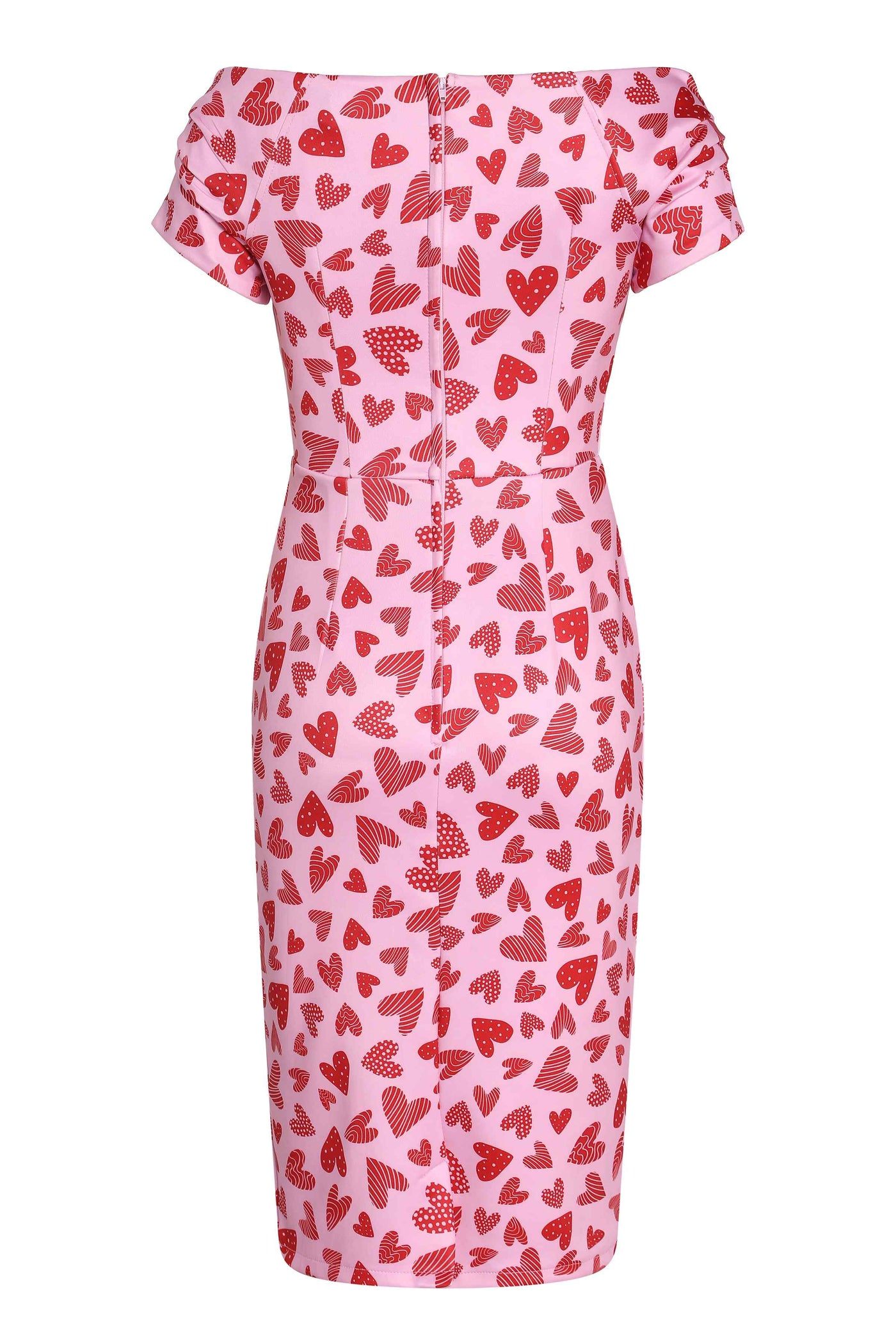 Back View of Heart Print Off Shoulder Pencil Dress in Pink