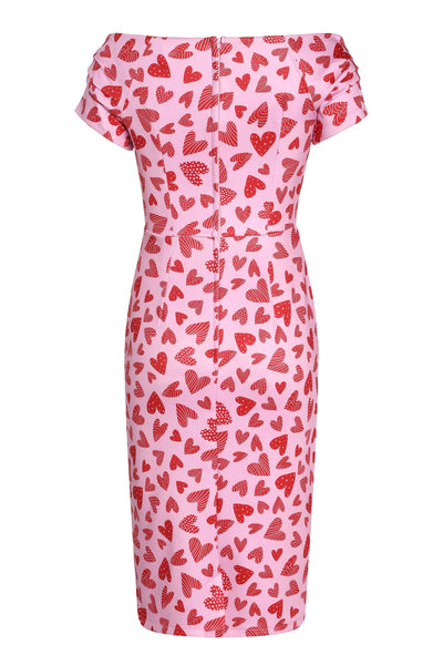 Back View of Heart Print Off Shoulder Pencil Dress in Pink