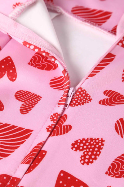 Close up View of Heart Print Off Shoulder Pencil Dress in Pink