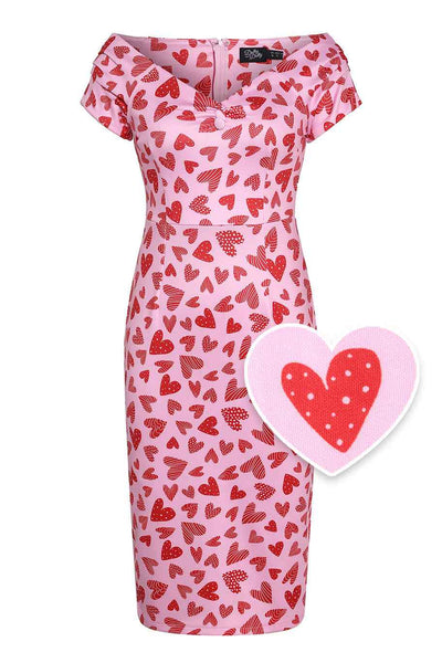 Front View of Heart Print Off Shoulder Pencil Dress in Pink
