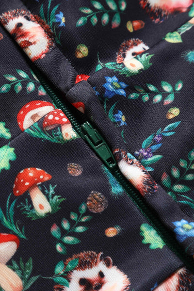 Close up View of Hedgehog and Mushroom Roll Collar Dress in Black