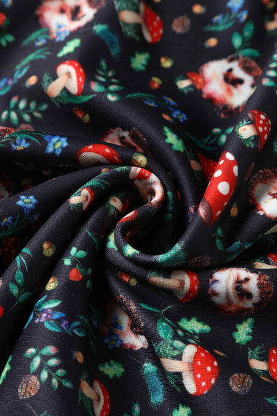 Close up View of Hedgehog and Mushroom Roll Collar Dress in Black