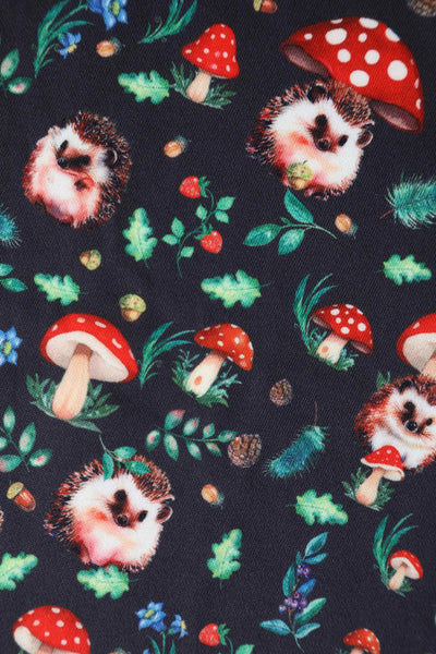 Close up View of Hedgehog and Mushroom Roll Collar Dress in Black