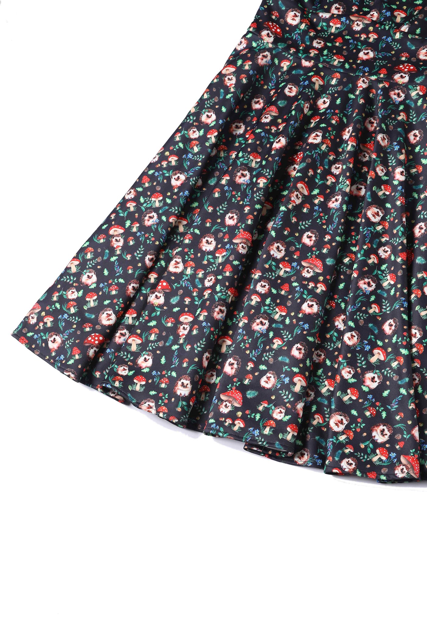 Close up View of Hedgehog and Mushroom Roll Collar Dress in Black