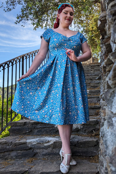 Model wearing Hedgehogs Blue Off Shoulder Dress